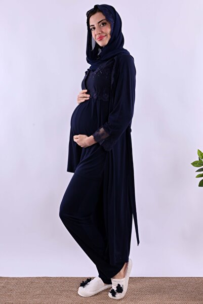ByLohusa Effortt Navy Blue Hijab Long Robe Maternity Pajama Set