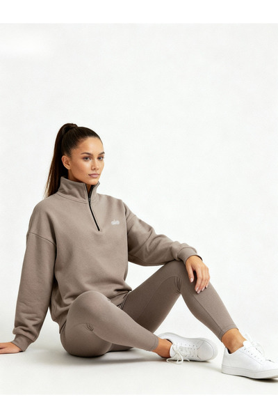 HepsitrentStore Cappucino Color Zippered Collar Long Sleeve Sweatshirt