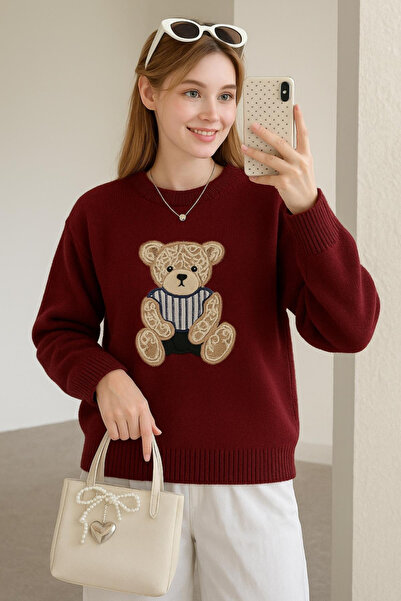 Fashion Friends سترة نسائية مطرزة بياقة دائرية باللون الأحمر الداكن 25K0314K1