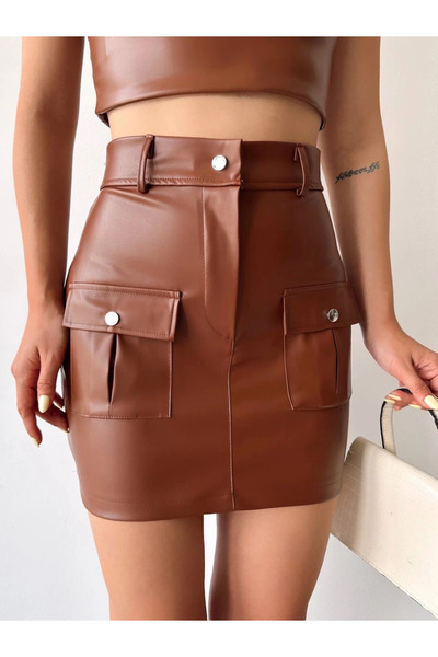 Zerenyus Leather Skirt with Two Front Pockets Brown