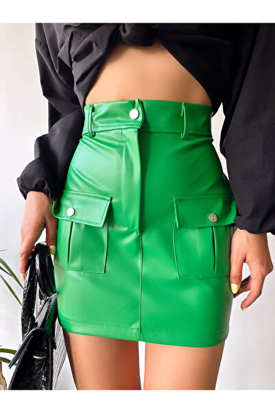 Zerenyus Leather Skirt with Two Front Pockets Green