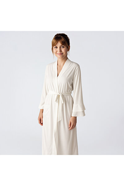 Penelope Laura Chiffon Satin Detailed Viscose Dressing Gown - Ecru/M