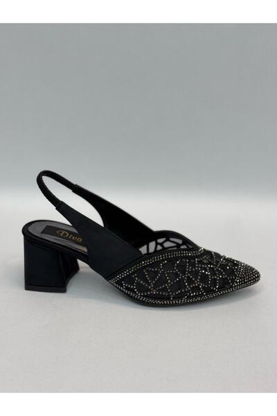 DİVA Black Stone Thick Heeled Women's Shoes