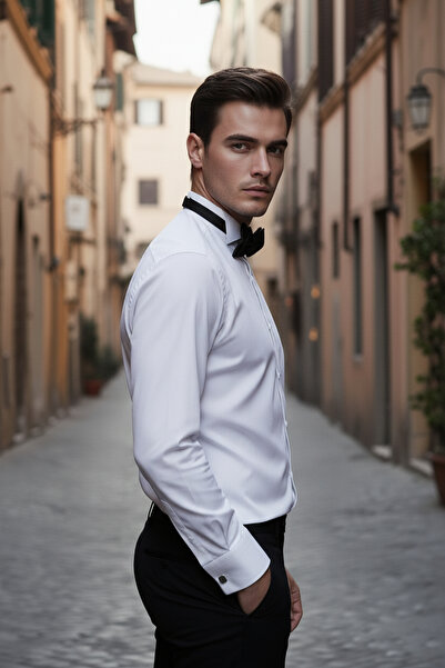 NAZEF Slim Fit Custom Made Horse Collar White Cotton Groom Shirt