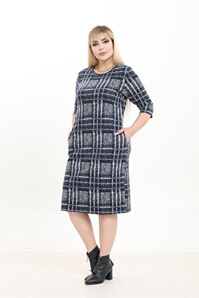 modayız Double Pocket Patterned Stretchy Winter Plus Size Midi Dress 37D-2739