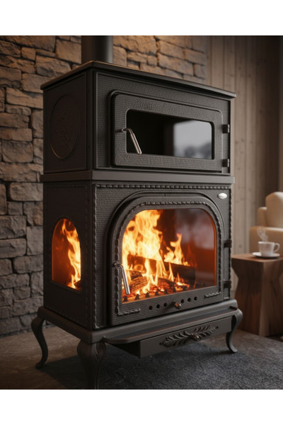 Reyo Stove Abant Üç Camlı Yan Kapak Fırınlı Döküm Şömine Soba