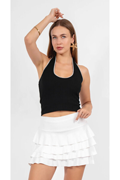 ALCİNOUS Halter Necklace Crop Top with 100% Cotton Embroidery Details