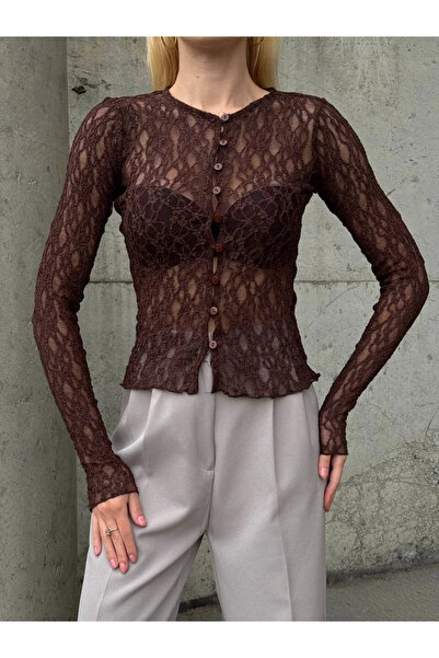bysoca Kadın Kahverengi Bisiklet Yaka File Desenli Düğmeli Uzun Kollu Transparan Dantel Hırka Bluz