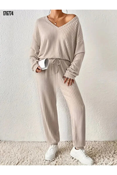 moda wanilia Women's Long Sleeve V-Neck Ribbed Knit Blouse and Pants Two-Piece Set