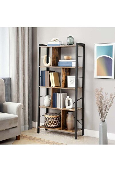 AGD رف كتب مستقل من 4 طبقات، ألواح خشبية هندسية وإطار فولاذي، لون بني ريفي