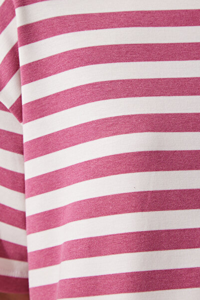 Lovelyİstanbul Striped Crop Knitted T-Shirt Lcr0002 Dried Rose