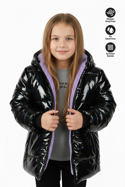 Merdia Дівчача водо- та вітронепроникна куртка з хутряною підкладкою та капюшоном, чорна, блискуча