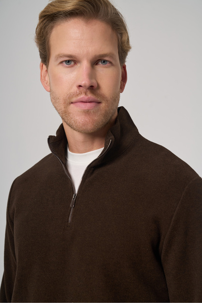 Morven Men's Brown Zippered Bato Collar Dynamic Fit Sweatshirt