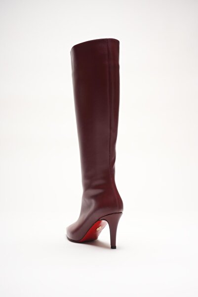 Lizzu Women's Below-The-Knee Zippered Thin Heeled Boots Lorane Burgundy Skin