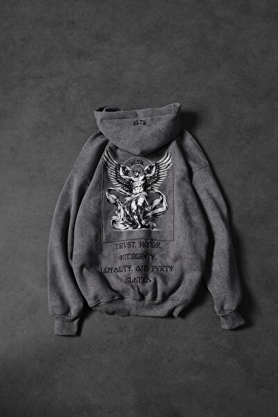 Slatra Ανδρικό φούτερ γκρι αντίκα με κεντημένο σχέδιο που πλένεται oversized με κουκούλα