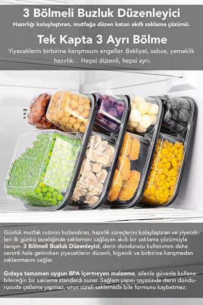 Meleni Home 3-Piece Rectangular 3-Compartment Storage Container - Microwave Compatible Organizer Deep Freezer Food Container
