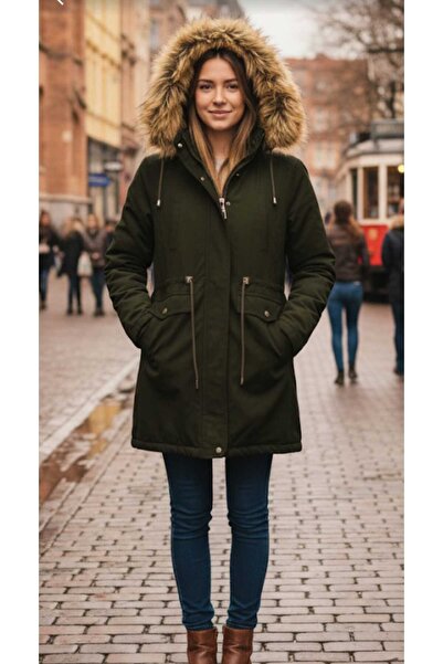 güncüoğlu Seyyar Hooded Fur Zipped Inner Fur Lined Buyu 75cm Canvas Coat
