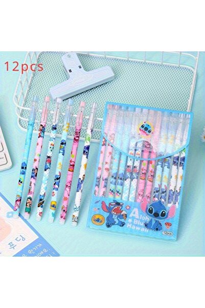 Generic Stitch Gel Pen Set - 12PCS Cartoon Character Pens, 0.5mm Black Ink, Cute Stationery for Kidss