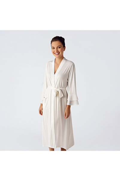 Penelope Laura Chiffon Satin Detailed Viscose Dressing Gown - Ecru/M