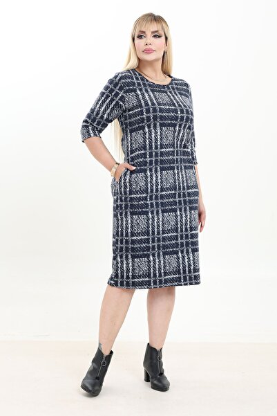 modayız Double Pocket Patterned Stretchy Winter Plus Size Midi Dress 37D-2739