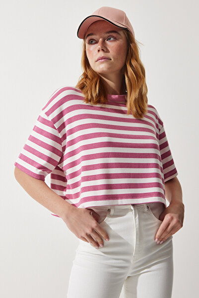 Lovelyİstanbul Striped Crop Knitted T-Shirt Lcr0002 Dried Rose