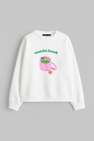 Bak Moda Matcha Break Printed Hoodless Relaxed Fit Women's White Sweatshirt
