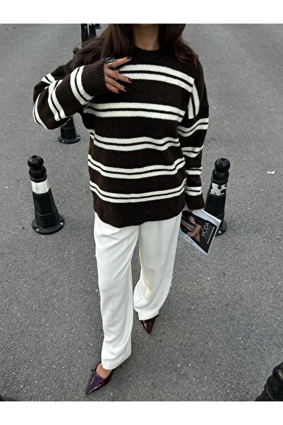 minaaise Γυναικείο πουλόβερ επένδυση fleece με ρίγες καφέ-εκρού με απαλή υφή ...