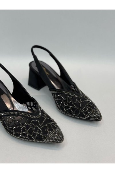 DİVA Black Stone Thick Heeled Women's Shoes