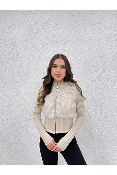 cottonage Fur detail cardigan