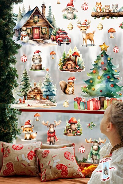 MSticker Yeni Nesil Çift Taraflı Baskılı Yılbaşı Cam Sticker Seti – Orman Dostları & Kış Masalı Temalı