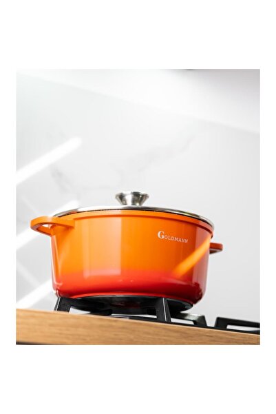 goldmann cast aluminum pot with glass lid 28x12.5cm, 6.5L, marbled interior, orange, induction