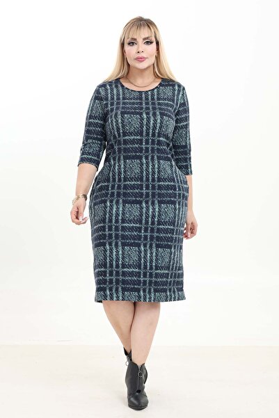 modayız Double Pocket Patterned Stretchy Winter Plus Size Midi Dress 37D-2744