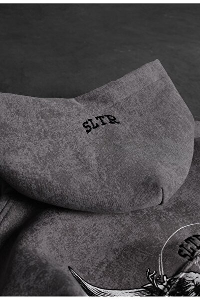 Slatra Ανδρικό φούτερ γκρι αντίκα με κεντημένο σχέδιο που πλένεται oversized με κουκούλα