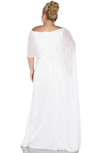 Arden Plus Size Long Evening Dress, White Chiffon Cape Sleeve, Boat Neck Evening Dress, Wedding, Wedding Party, 46-52
