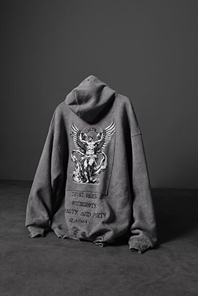 Slatra Ανδρικό φούτερ γκρι αντίκα με κεντημένο σχέδιο που πλένεται oversized με κουκούλα