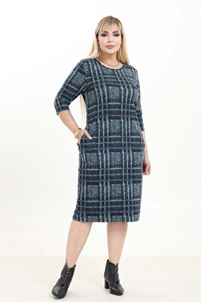 modayız Double Pocket Patterned Stretchy Winter Plus Size Midi Dress 37D-2744