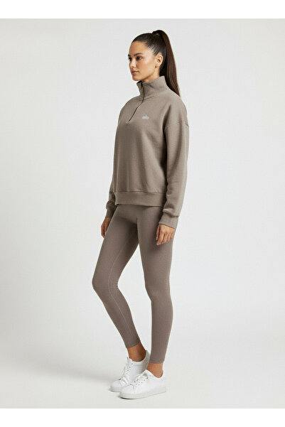 HepsitrentStore Cappucino Color Zippered Collar Long Sleeve Sweatshirt