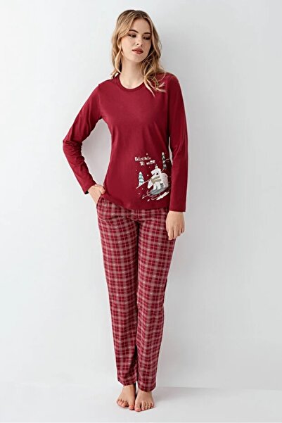 Arnetta 100% Cotton Circular Neckline Bottom Plaid Pattern Long Sleeve Women's Pajama Set