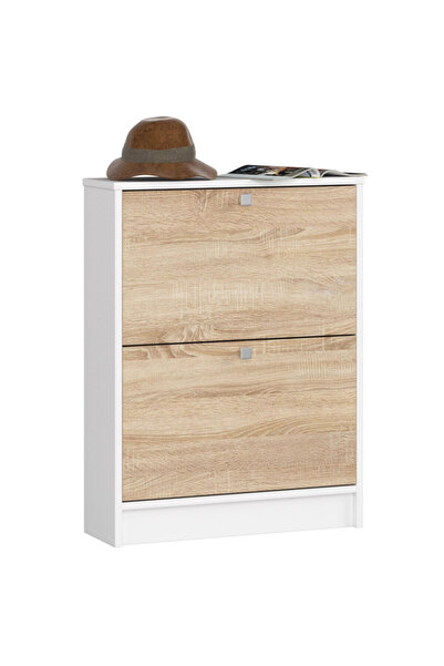 SERSIMO Shoe cabinet with 2 folding doors, 16 mm laminated chipboard, 60x20x80 cm, white and sonoma oak