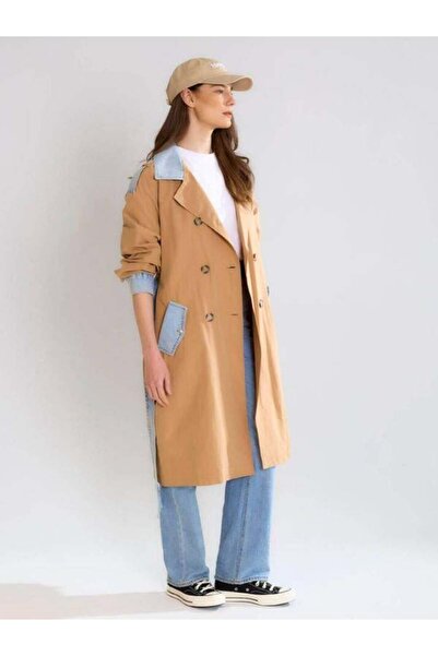 Robin 87077 Jean Λεπτομερής μακριά καμπαρντίνα με λεπτομέρειες καραμέλας