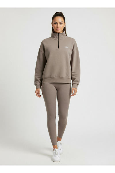 HepsitrentStore Cappucino Color Zippered Collar Long Sleeve Sweatshirt