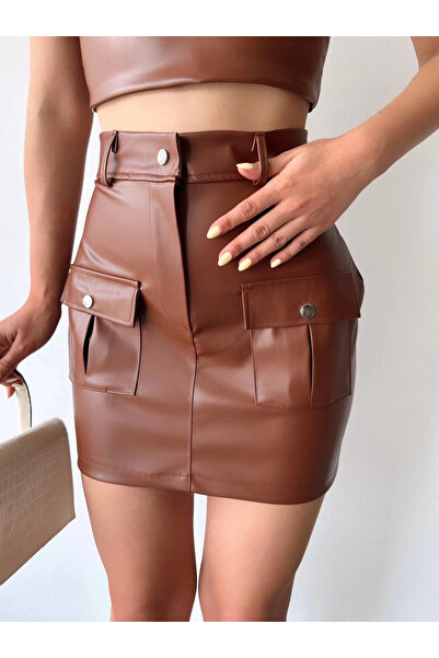 Zerenyus Leather Skirt with Two Front Pockets Brown