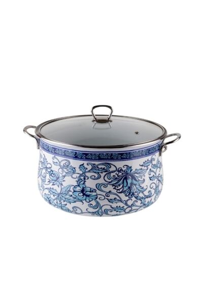 goldmann oală emailată 22x14 cm, 5 L, mânere cromate, capac de sticlă, inducție, model floral albastru