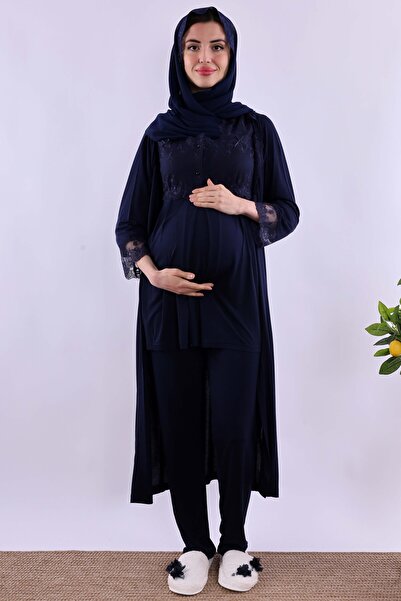 ByLohusa Effortt Navy Blue Hijab Long Robe Maternity Pajama Set