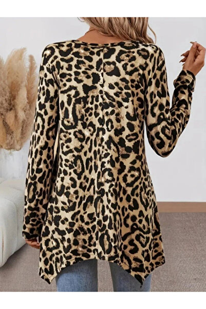 GENCULUS Women's Long Sleeve Crew Neck Leopard Print Single Jersey Blouse