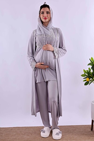 ByLohusa Effortt Gray Hijab-Friendly Long Dress Maternity Pajama Set