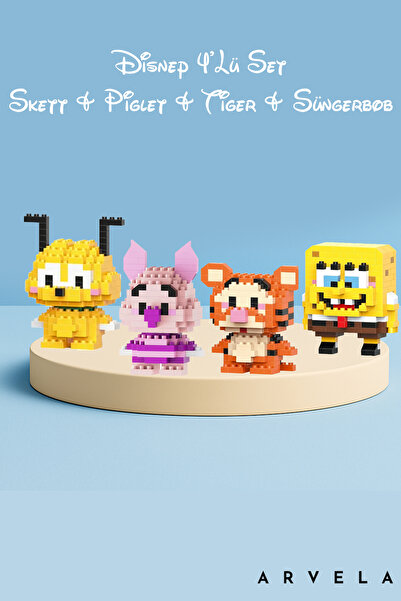 Arvela Disney 4’lü Mini Blok Set – Skett, Piglet, Tiger ve SüngerBob Figür Ko...