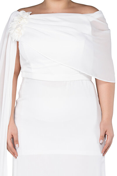 Arden Plus Size Long Evening Dress, White Chiffon Cape Sleeve, Boat Neck Evening Dress, Wedding, Wedding Party, 46-52