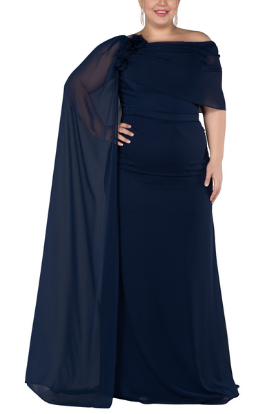 Arden Plus Size Long Evening Dress, Chiffon Cape Sleeve, Black, White Midi Mother Evening Dress, Invitations, Wedding, 44-50