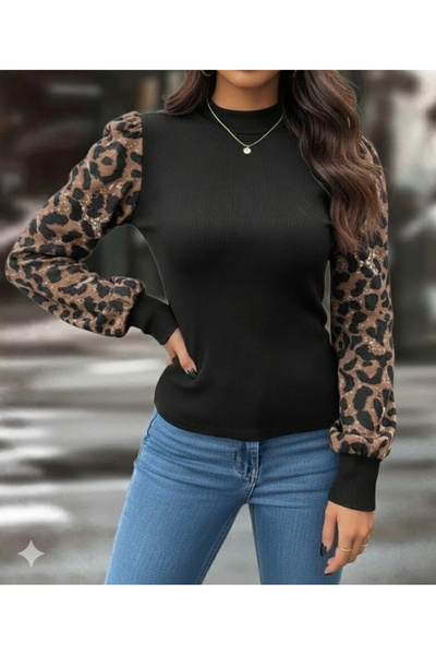 GENCULUS Women's Long Sleeve Semi Turtleneck Leopard Detail Camisole Blouse